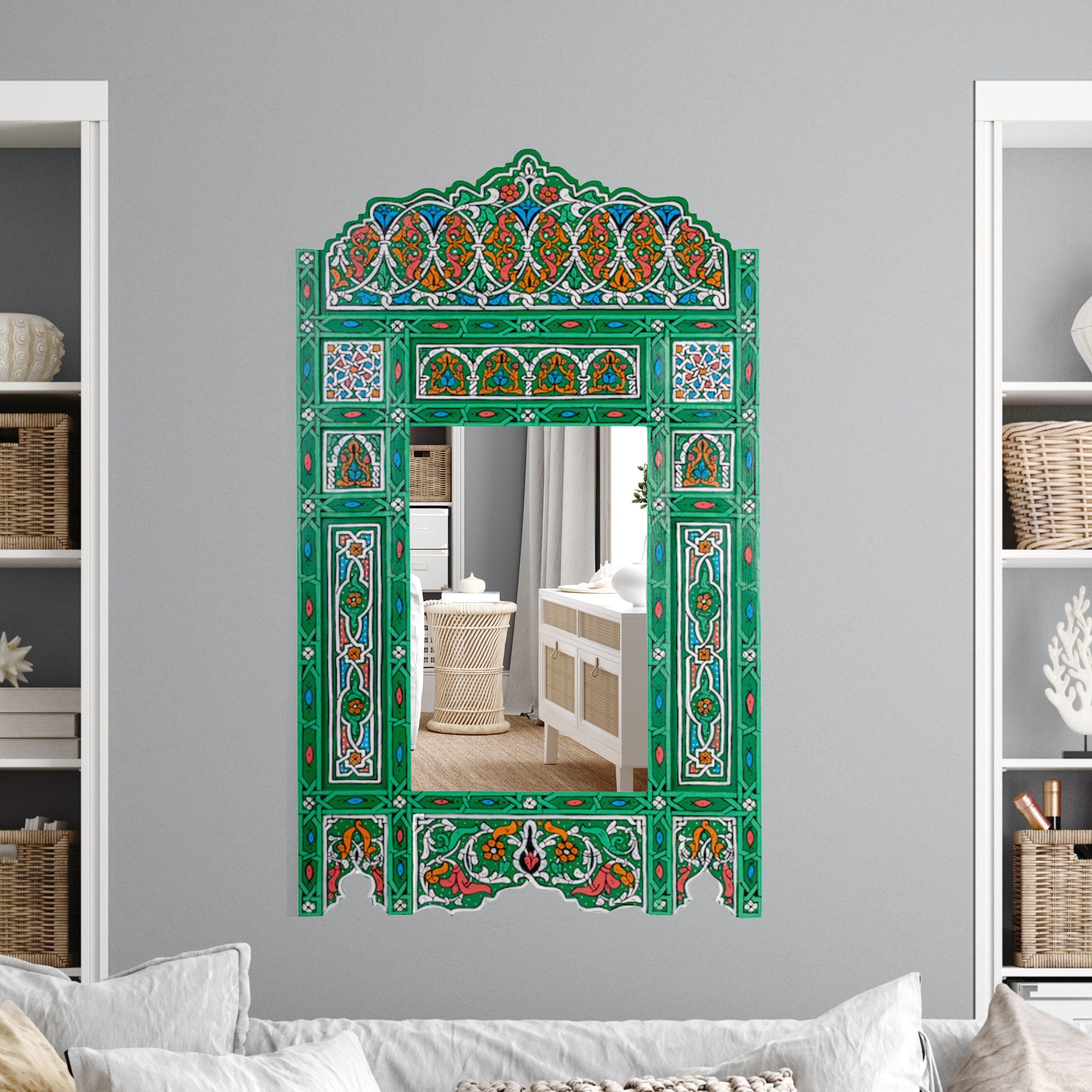 Navy Blue Hand Painted Bathroom Mirror, Large Moroccan Mirror Frames,  Farmhouse Antique Mirror Frames, Wooden Full Length Mirror 