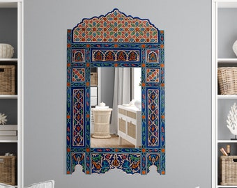 Blue Dark hanging mirror frame, Moroccan farmhouse decor of wood, hand-painted wall art, rustic decor, paint furniture