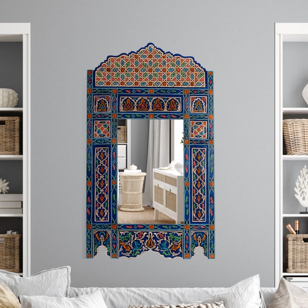 Blue Dark hanging mirror frame, Moroccan farmhouse decor of wood, hand-painted wall art, rustic decor, painted furniture