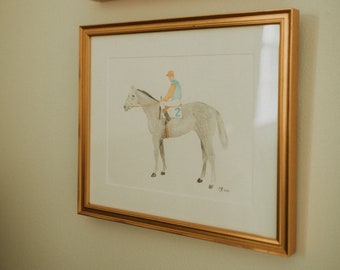 Vintage Jockey Riding Horse | Horse Portrait | Kentucky Derby Decor | KY Thoroughbred | Watercolor Nursery | Equestrian | Farmhouse Decor