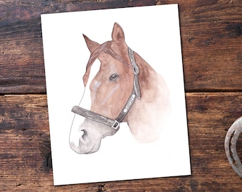 Könnte beinhalten: Aquarellmalerei eines Pferdekopfes mit braun-weißem Fell, mit schwarzem Halfter. Zwei verwitterte Metallhufeisen liegen neben dem Gemälde auf einer Holzoberfläche.
