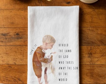 Watercolor Lamb of God Tea Towel – Christian Kitchen Decor - Scripture