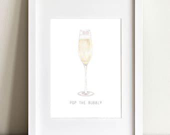 Watercolor Painting of Champagne Glass | Champs Flute Art | Pop the Bubbly | Bar art | Husband | Bar Cart | Stock the Bar Gift | Bubbly Love