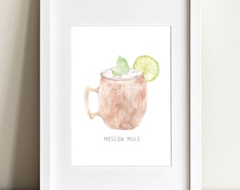 Moscow Mule Watercolor Painting: Copper Mug Cocktail Print