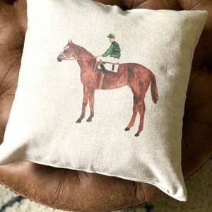 Vintage Jockey Decorative Pillow | Throw Pillow | Watercolor Art | Farmhouse | Equestrian Nursery | Horse Racing | Kentucky Derby |