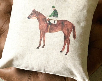 Vintage Jockey Throw Pillow: Watercolor Horse Racing Art, Farmhouse Decor