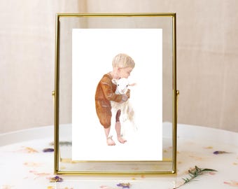 Watercolor Art Print of Boy with Lamb