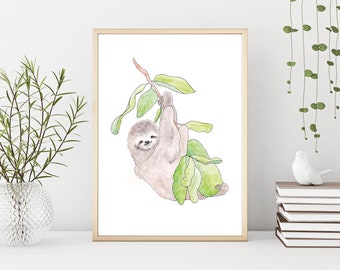 Watercolor Sloth | Sloth Painting | Animal | Jungle | Nursery | Kids Room | Play Area | Art | Modern | Fun | Gallery Wall | Print | Greenery