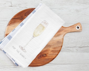Pop The Bubbly Tea Towel: Watercolor Champagne Glass, 100% Cotton