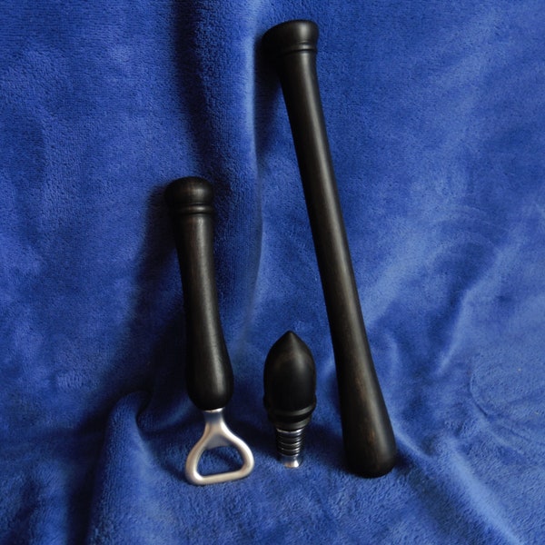 Bar set - Bottle opener, wine bottle stopper and a cocktail muddler in genuine ebony Diospyros melanoxylon, perfect gift!