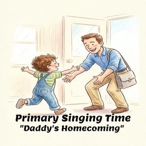 Può includere: Illustrazione di un bambino che corre verso un uomo a braccia aperte. Il bambino indossa una tuta blu e una maglietta a righe. L'uomo indossa una camicia blu e pantaloni color cachi. Il testo recita "Primary Singing Time" e "Daddy's Homecoming."