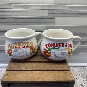 Set of Two Vintage Soup Bowls Tomato Soup and Mushroom Recipe Soup Bowls with Handle