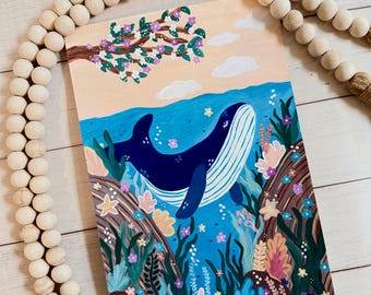 7"x10" inch Gouache Original Painting - Underwater Fantasy Art Paintings - Colorful Whale Coral Reef
