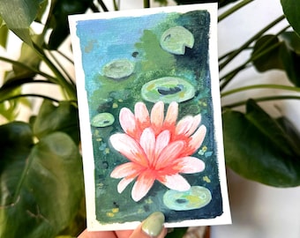 4"x6" inch Gouache Original Painting - Mini Art Paintings - Dark Romantic Lotus - Lilly Pond
