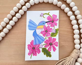 4"x6" inch Gouache Original Painting - Mini Art Paintings - Colorful Hummingbird Painting