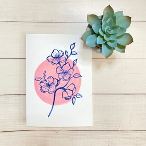 Lune et fleurs - peinture originale carte de voeux - carte pliée 5 x 7 po avec enveloppe