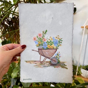 Flower Wheelbarrow - Gouache Original Painting - 7.5&quot;x11&quot; inches on Handmade Mixed Media Paper