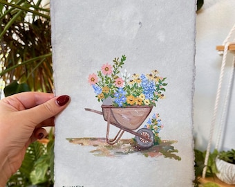 Flower Wheelbarrow - Gouache Original Painting - 7.5"x11" inches on Handmade Mixed Media Paper