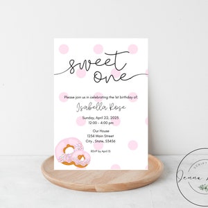 Sweet One Birthday Party Invitation, Editable template, Sweet one invite, Donut theme, Girl 1st birthday party invitation, printable