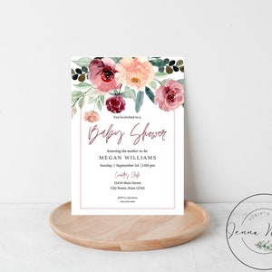 Burgundy Baby shower invitation, Editable template, Baby girl shower invitation, Floral baby shower invite, Printable
