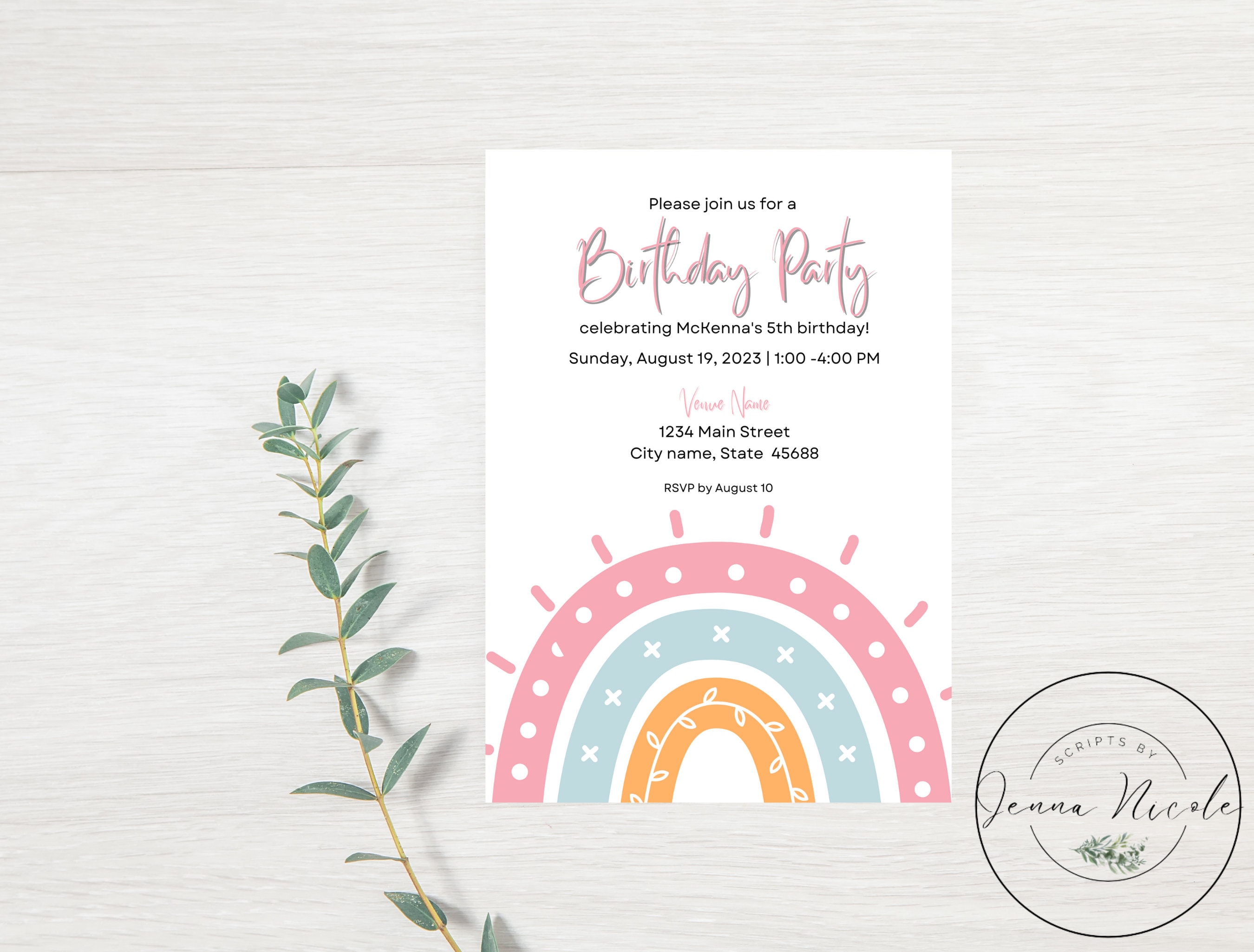 Rainbow Birthday Party Invitation, Editable Template, Kids Birthday ...