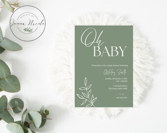 Saliegroene uitnodiging babyshower: minimalistische, bewerkbare sjabloon (afdrukbaar)