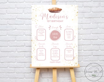 Op de afbeelding: Een roze en gouden printbare mijlpaalposter voor de eerste verjaardag met een taartgrafiek bovenaan. De poster bevat de naam Madison, de leeftijd 1e verjaardag en details over het gewicht van het kind, zijn favoriete eten, speelgoed en boeken.