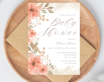 Invitación floral bohemia para baby shower: Plantilla editable (descarga digital)