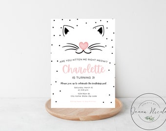 Kitty-verjaardagsuitnodiging: bewerkbare sjabloon, meisjesfeest (digitale download)