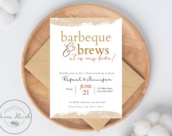May include: A white invitation card with a gold and brown abstract design. The text on the card reads "barbeque & brews at our new home!"  Kindly join us for a housewarming cookout Rafael & Jennifer 3:00 pm June 21 1234 Main Street City, State, 98567 To RSVP, call/text 123-456-7890 Please bring a side dish to share!
