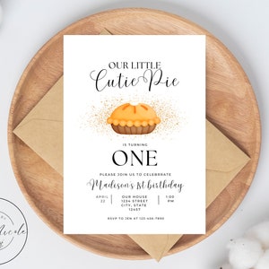 Cutie pie birthday invitation, Editable template, Girl 1st birthday invite, Pie birthday party, Printable, DIY Instant Download
