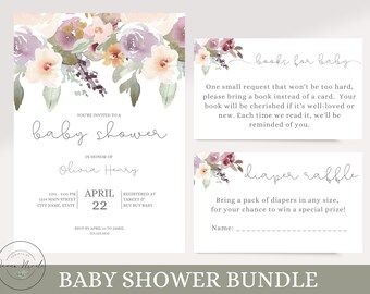 Op de afbeelding: Een baby shower uitnodigingspakket met een aquarel bloemenontwerp. De uitnodiging bevat de tekst "baby shower" en "Olivia Henry". Het pakket bevat ook twee kaarten, een voor een boekverzoek en een voor een luierspel.