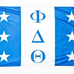 May include: A blue and white flag with five white stars on each side and the Greek letters Phi, Delta, and Theta in the center.