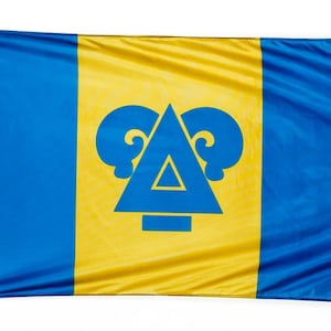 Może przedstawiać: Niebiesko-żółta flaga z niebieskim trójkątem w stylu i rogami barana na żółtym tle.