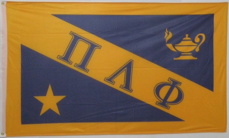 May include: A blue and gold fraternity flag with a diagonal stripe, a star, and the letters "&Pi;&Lambda;&Phi;" and a lamp.