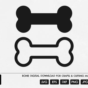 May include: Two black bone shapes, one solid and one outlined, for crafts and cutting machines.  SVG, EPS, DXF, PNG, JPG, AI.