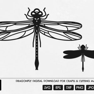 May include: A black and white digital download of a dragonfly illustration. The dragonfly is shown in two different styles, one with detailed wings and one with solid wings. The image includes the text "DRAGONFLY DIGITAL DOWNLOAD FOR CRAFTS & CUTTING MACHINES" and the file types "SVG, EPS, DXF, PNG, JPG, AI".