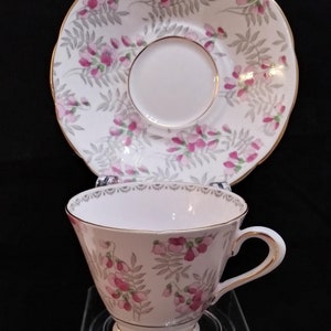 Tuscan Fine Bone China, teacup & saucer, 1950 – 1960s, Made in England, soft pink with pansy petals.  Gold trim. Fine China Teacups