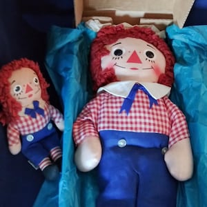 Raggedy Andy Doll, 1960s, 14.5”, Made by Knickerbocker, promotion of Proctor & Gamble, plus small size Andy doll, original box