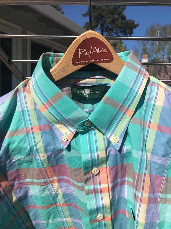 Vtg 80s NOS Large Easter Spring Plaid Button Down