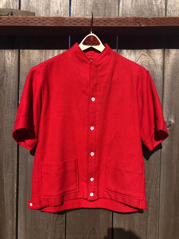Vtg 60s Medium Red Cotton Short-Sleeve Knit Cardig