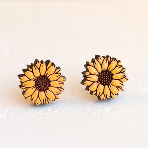 Handmade Sunflower Earrings Flora Earrings Wooden Earrings Womens Stud Earrings Gift by RobinVally Studio