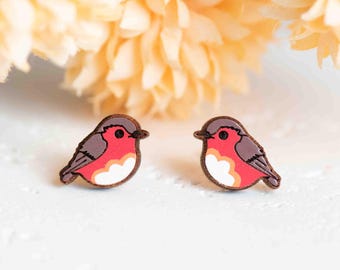 Hand-painted Robin Bird Earrings  Wooden Earrings Women’s Girl’s Stud Earrings gift by RobinValley Studio