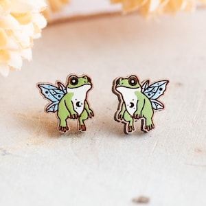 Hand-painted Fairy Frog Earrings Womens Girls Stud Wooden Earrings Gift by Robin Valley Studio