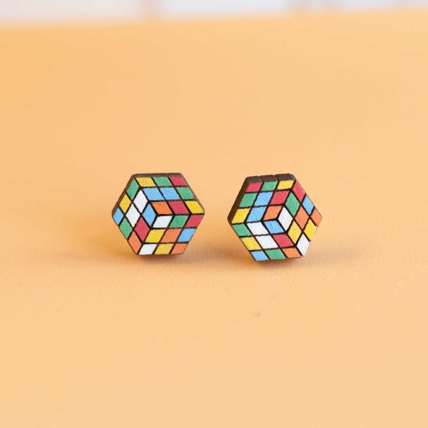 Boucles d'oreilles Rubik's Cube peintes à la main