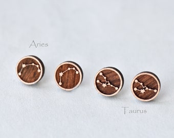 Handmade Wooden Earrings Zodiac earrings Constellation Earrings Circle Geometric stud Earrings Womens Mens Jewellery