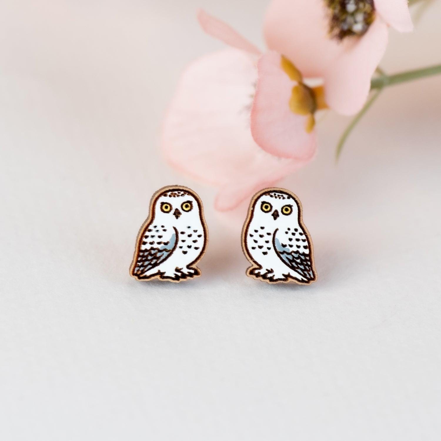Hand-painted Snowy Owl Stud Earrings by Robin Valley