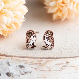 May include: A pair of wooden owl earrings. Each earring features a detailed owl design with brown, white, and yellow accents. The earrings are set against a light-coloured wooden surface, with soft, blurred floral elements in the background.