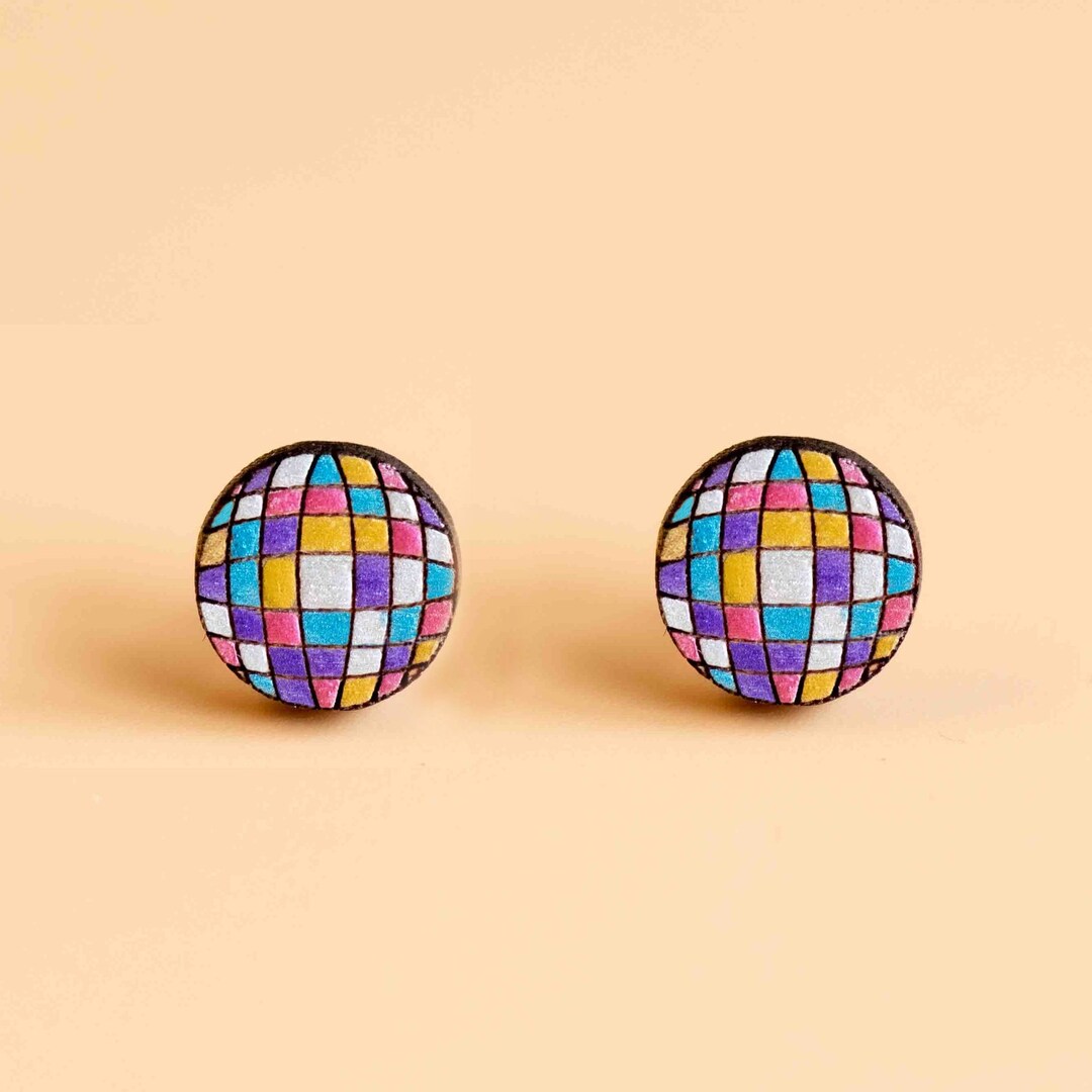 Handpainted Rainbow Shining Disco Ball Earrings Circle Wooden Earrings