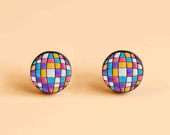 Hand-painted Rainbow Shining Disco Ball Earrings Circle Wooden Earrings Women’s Girl’s Stud Earrings gift by RobinValley Studio